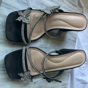 TOP Moda Black and Silver Heels with Rhinestone Embellishments
